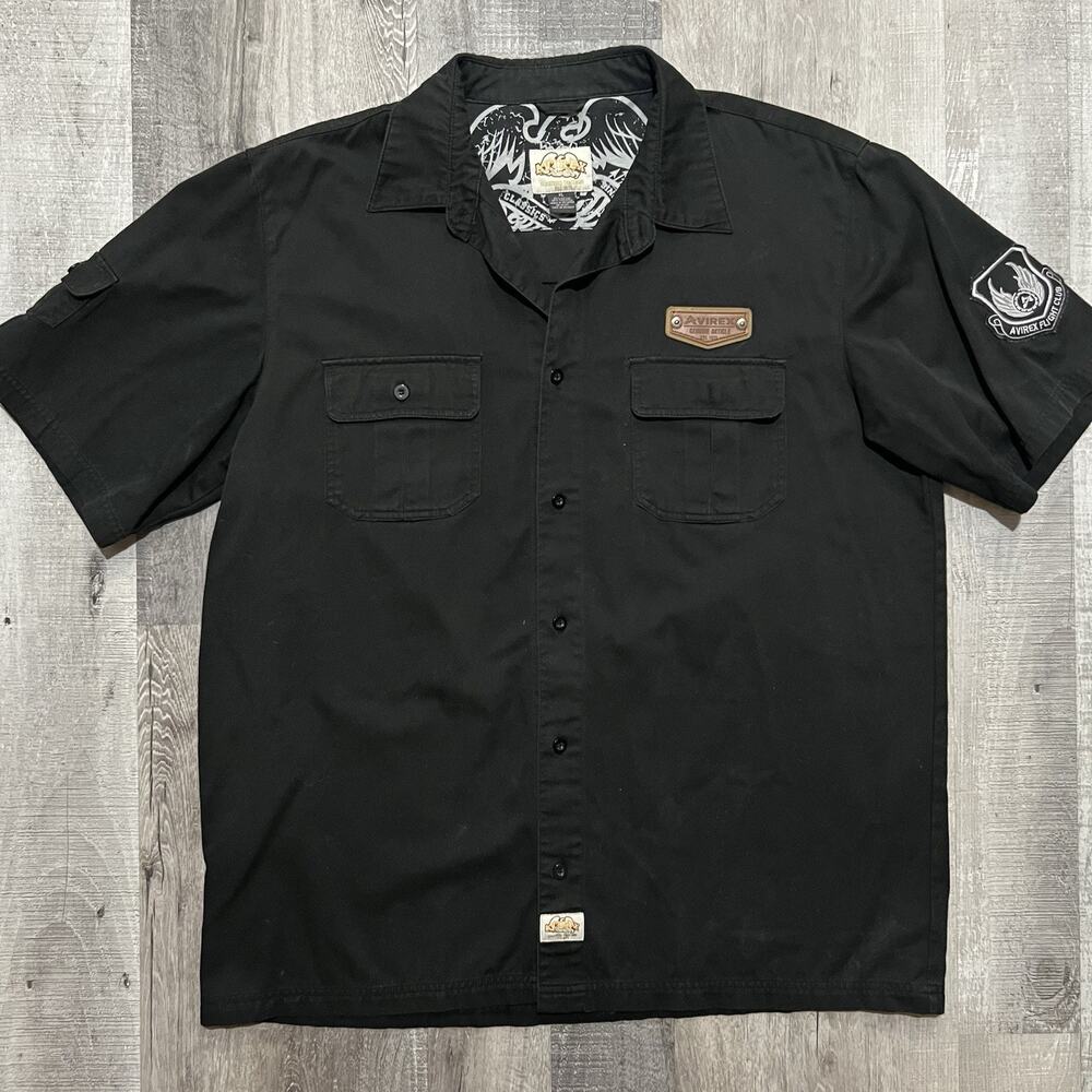 Avirex Work Shirt Black Button Front Two Pocket Mens Utility Work Sz XL